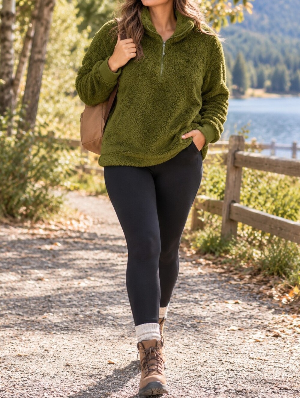 Eddie Bauer Olive Green Sherpa Fleece Half Zip Pullover Sweater Cozy Outdoor